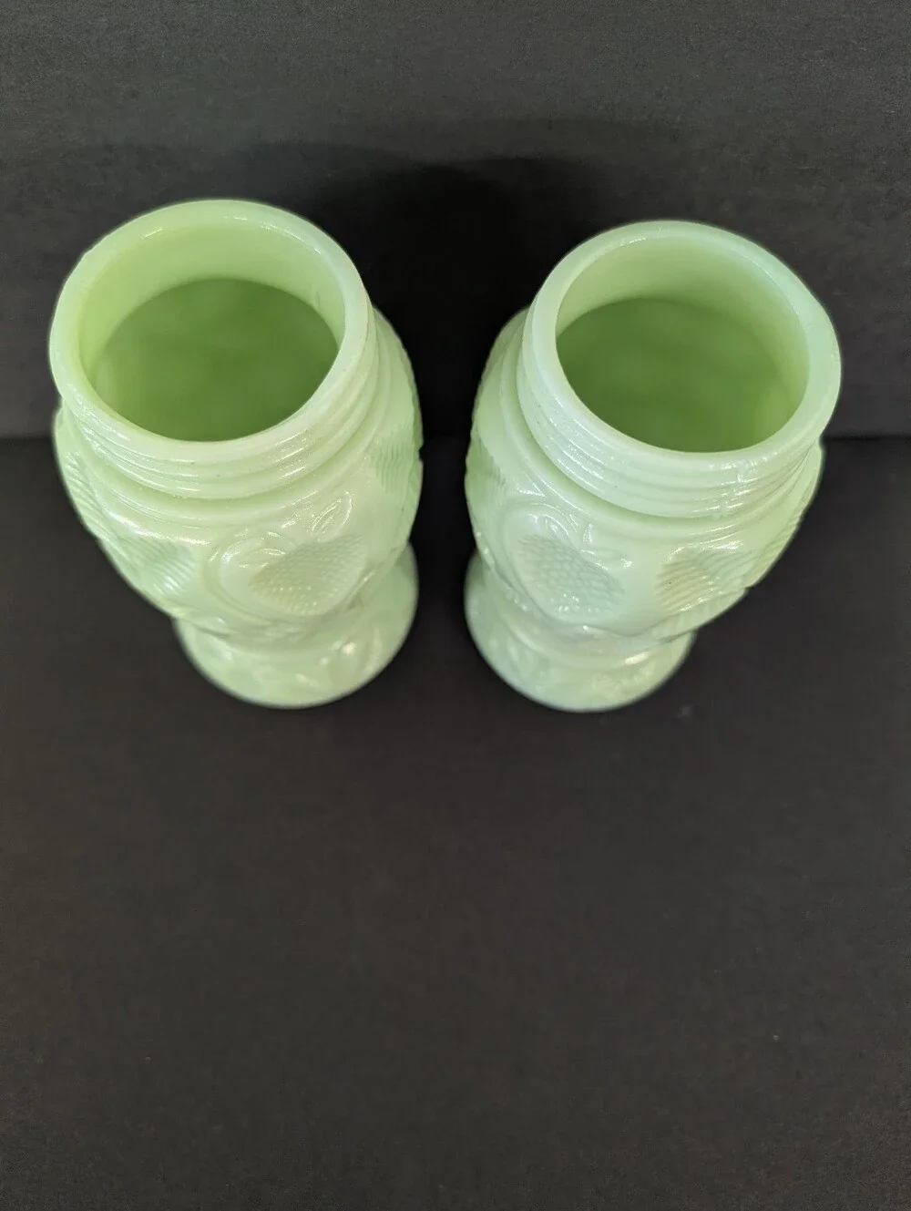 Jadite Green Embossed Glass Salt & Pepper Shakers